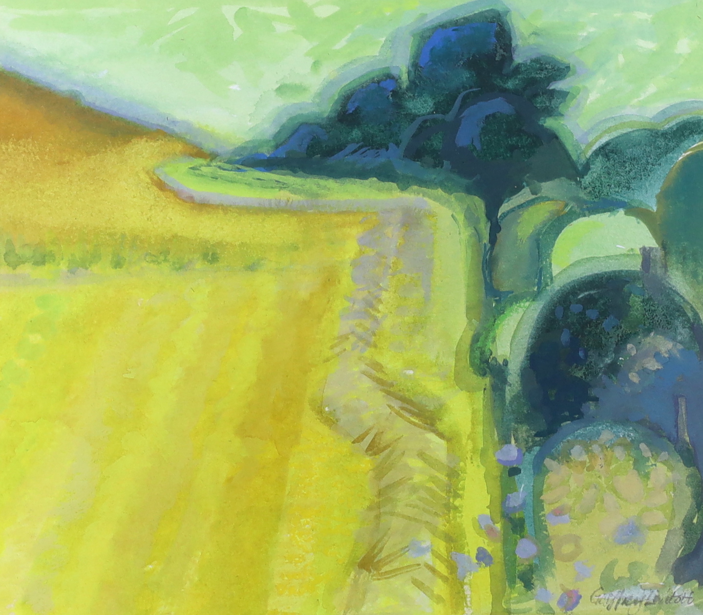 Geoffrey Lintott (20th. C), watercolour and gouache, Abstract composition, landscape, signed, 16 x 19cm